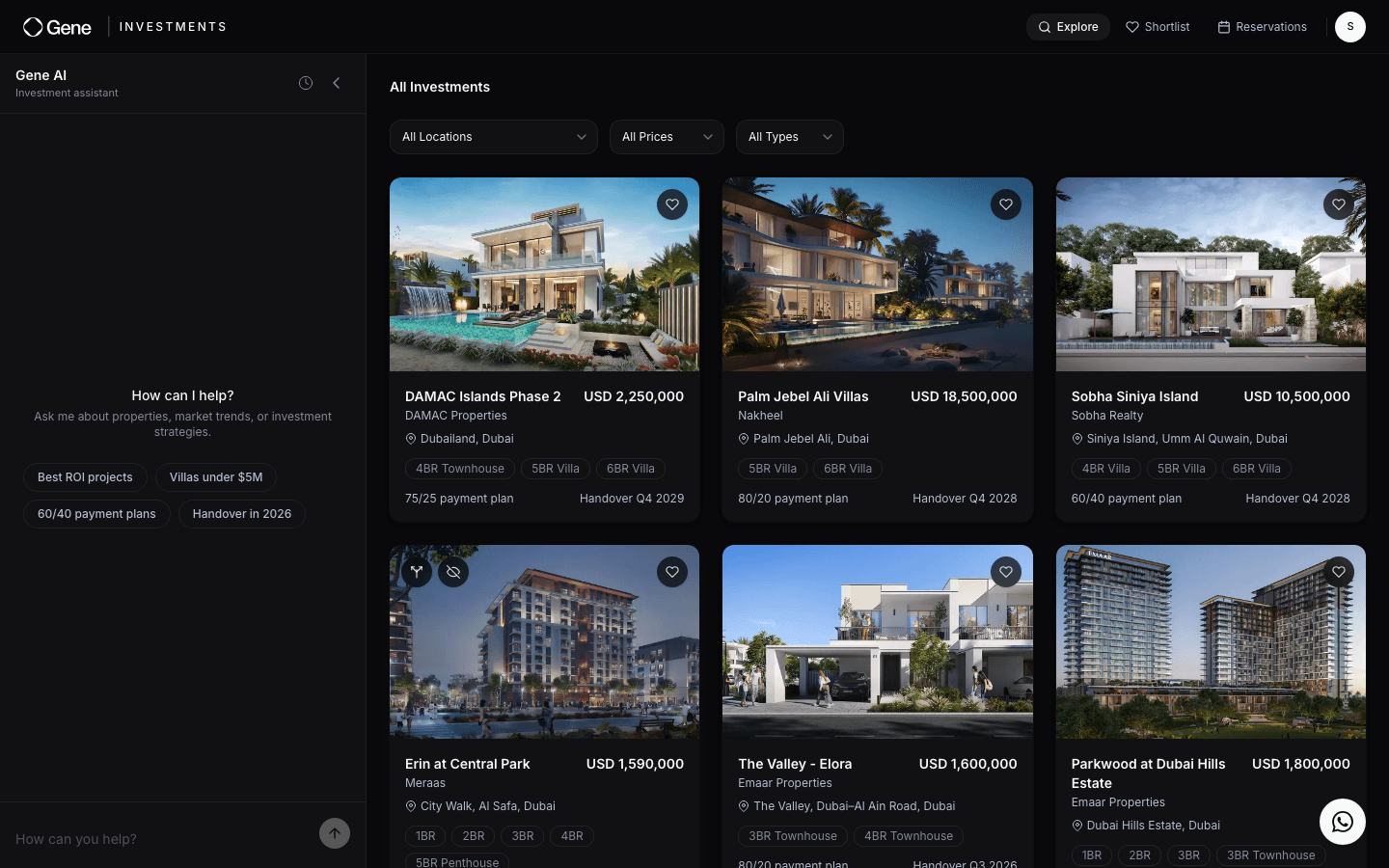 Gene Investments platform showing real estate listings, AI assistant, and investment data